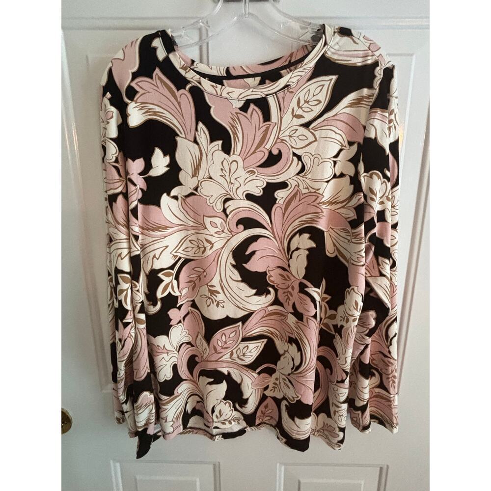 Chico’s Pink Brown Floral Print Stretch Long Sleeve Top Size 3 (XL)